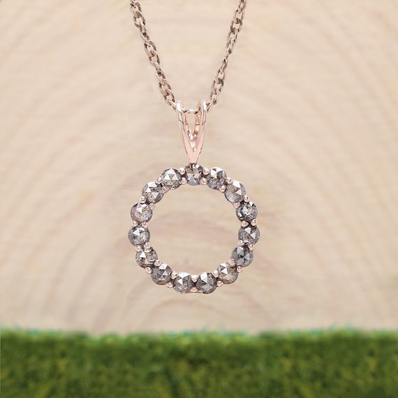 0.86 Ct Natural Round Rose Cut Salt And Pepper Diamond Pendant 2.00 MM Round Cut Diamond Pendant 14K Rose Gold Silver Engagement KD1215