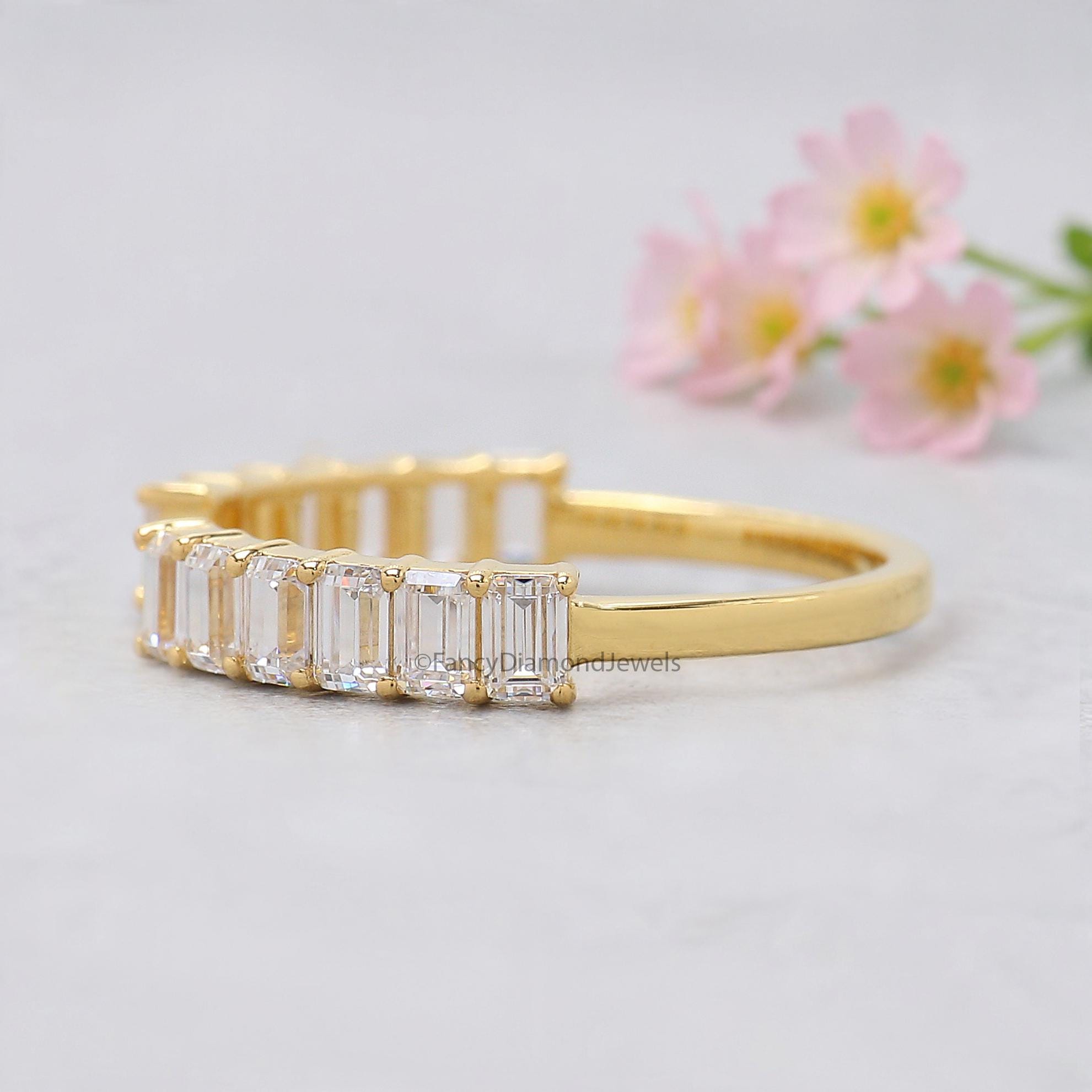 Emerald Cut Wedding Band Yellow Gold Unique Half Eternity Anniversary ...