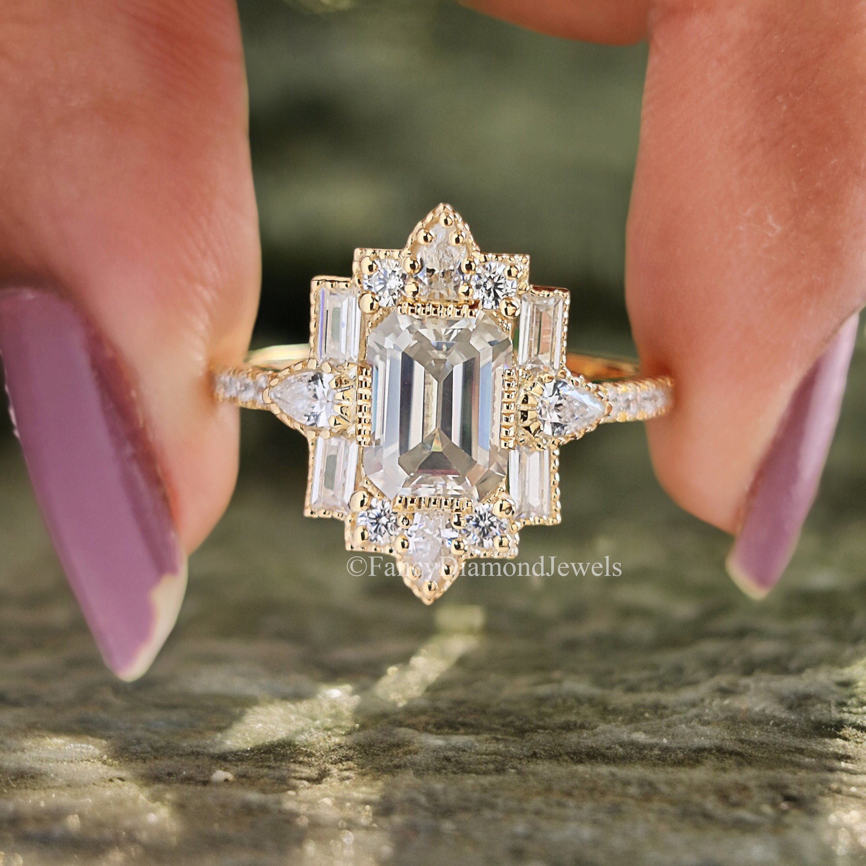 Art Deco Engagement Ring 1CT Emerald Cut Moissanite Vintage 