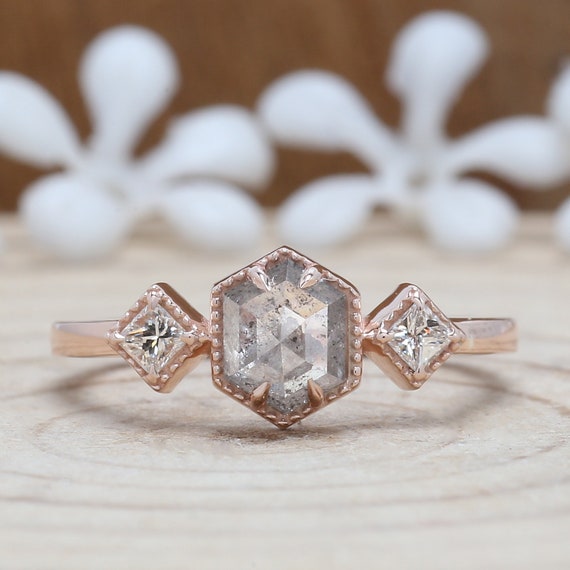 Salt and Pepper Hexagon Cut Diamond Ring 14K Solid Rose White Etsy