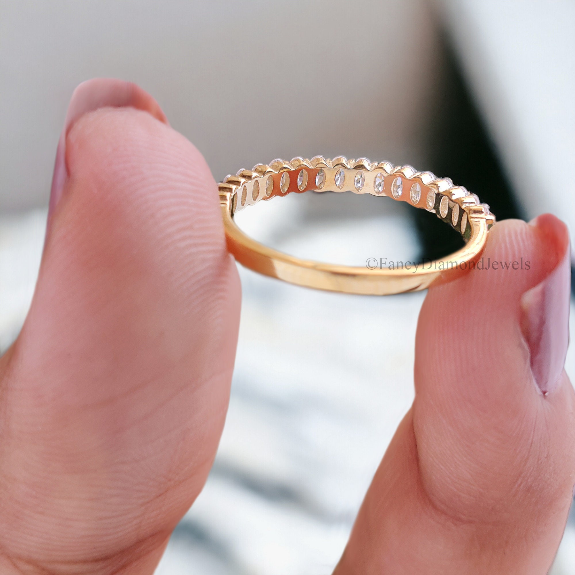 Oval Cut Moissanite Wedding Band Women Yellow Gold Unique Half Eternity ...