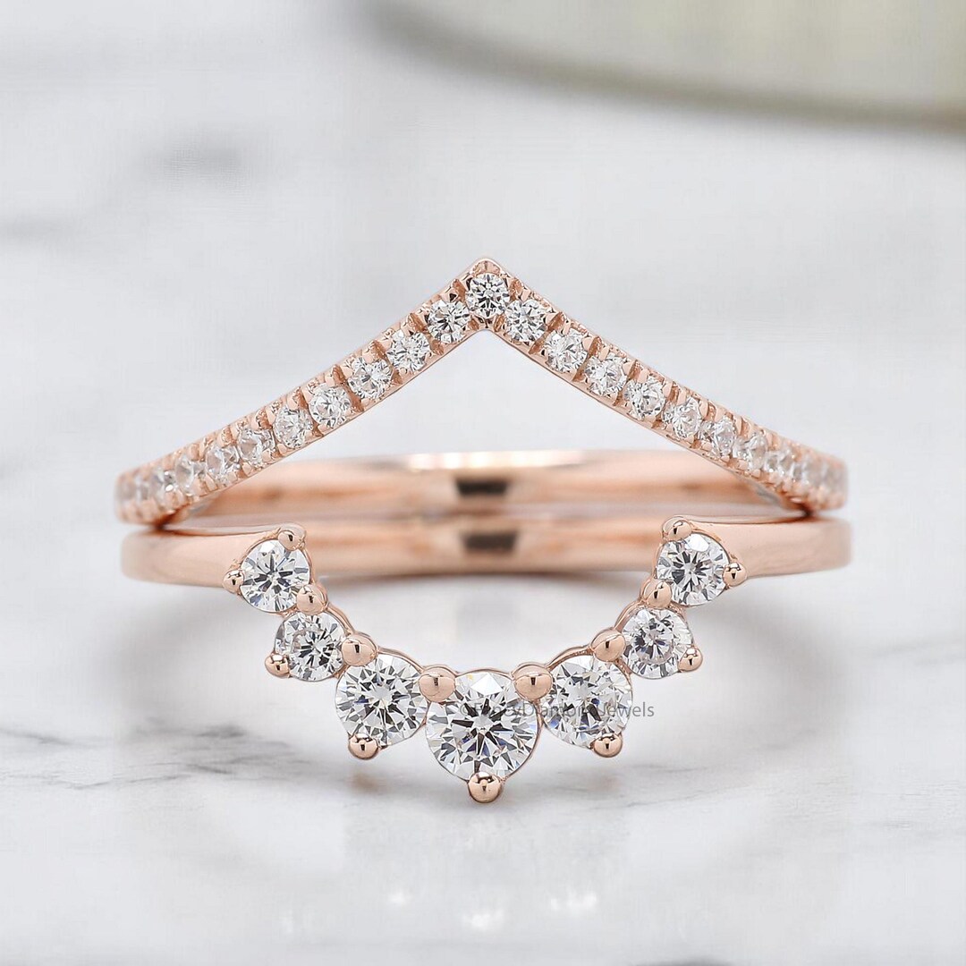 Chevron Moissanite Wedding Band Rose Gold Curved Wedding Ring Round Cut ...
