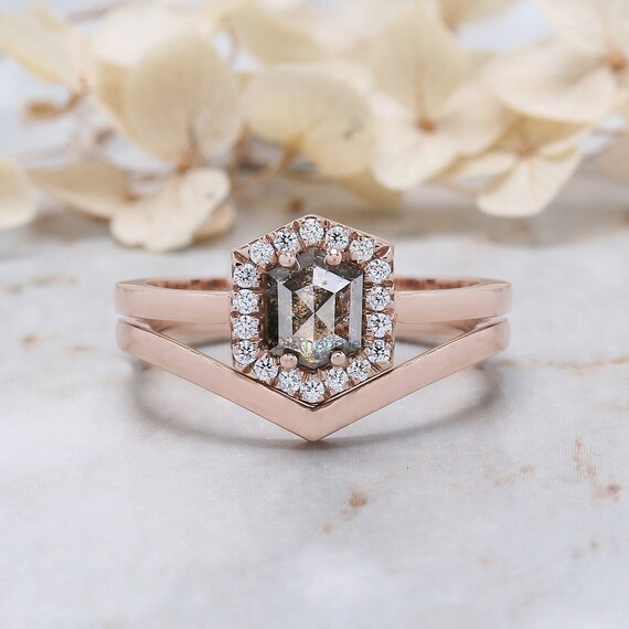 Hexagon Salt and Pepper Diamond Ring Salt and Pepper Hexagon