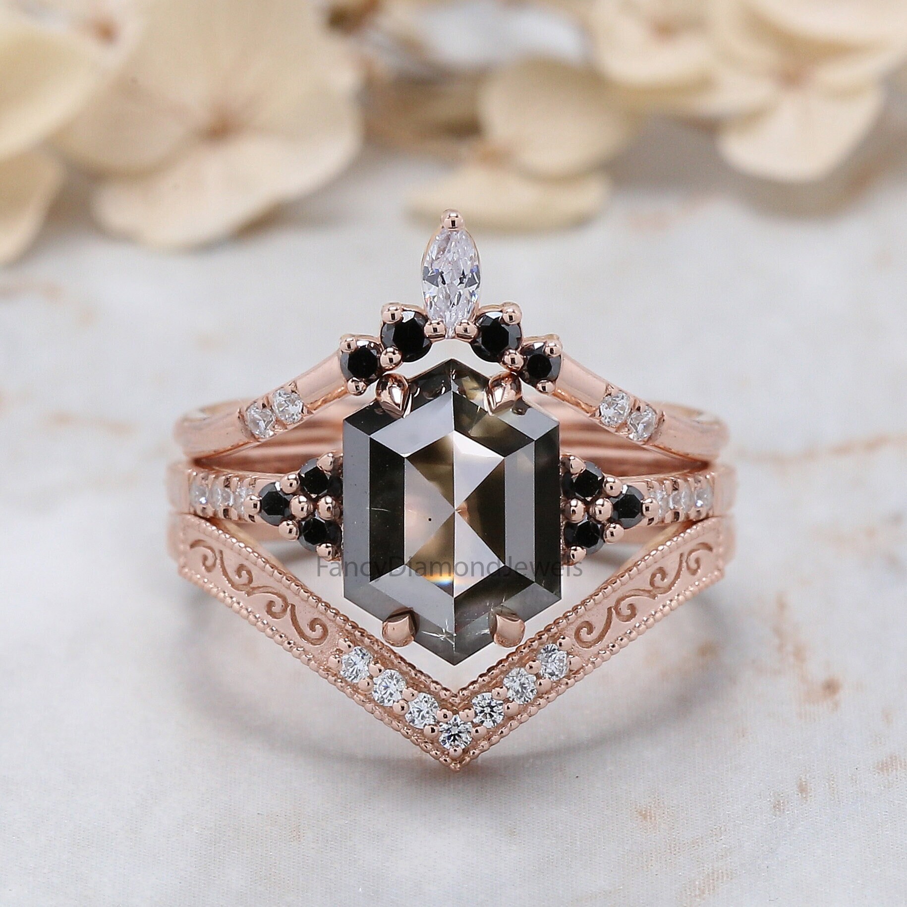 Hexagon diamond engagement hotsell ring natural black