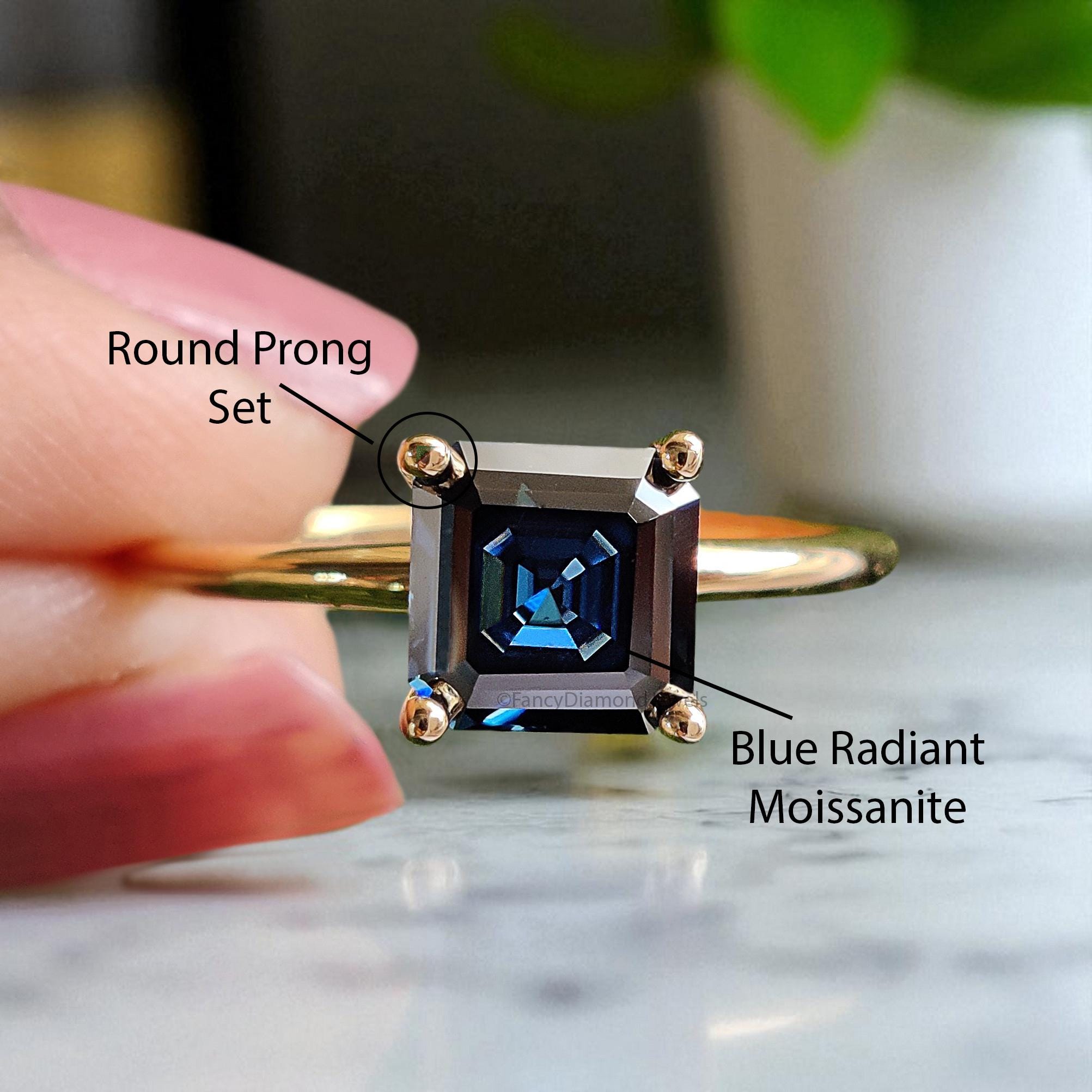 1.15 CT Radiant Cut Royal Blue Moissanite Ring Yellow Gold Ring