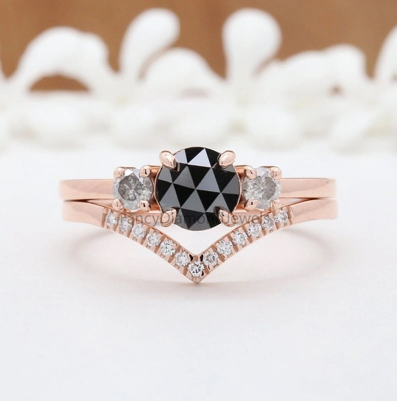Runder schwarzer Diamant-Ring, schwarzer Diamant-Verlobungsring, runder Diamant-Ring, runder Rosenschliff-Ring, rundes Brautring-Set, KD686 Bild 1