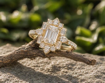 Art Deco Engagement Ring 1CT Emerald Cut Moissanite Vintage