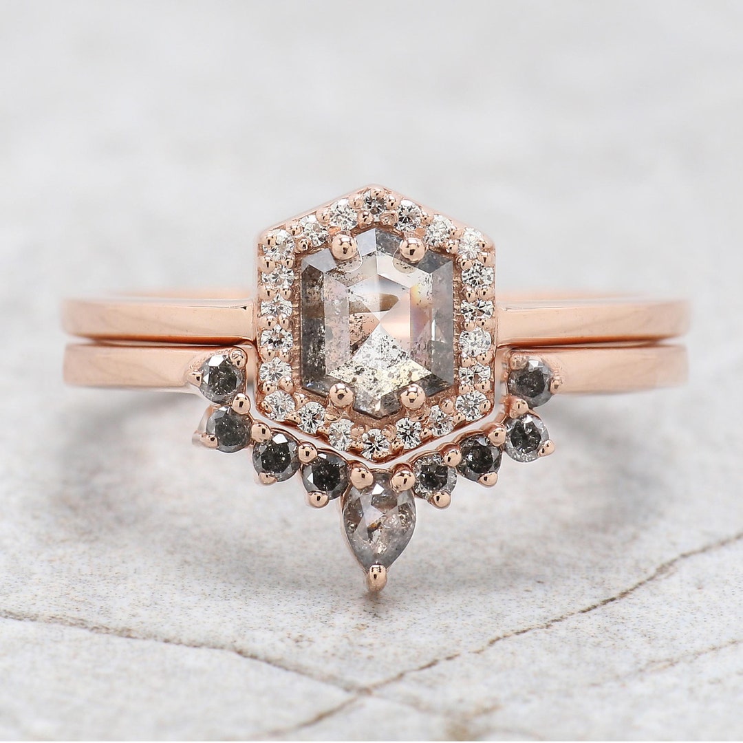 Buy Ct Natural Hexagon Salt and Pepper Diamond Ring MM Hexagon  Shape Diamond Ring 14K Solid Rose Gold Silver Engagement Ring QN1439 Online 