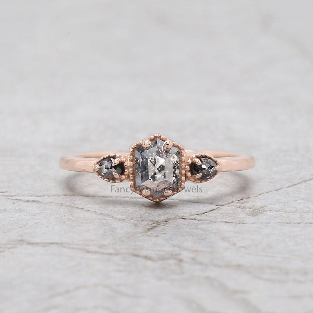 Hexagon Salt and Pepper Diamond Ring Salt and Pepper Hexagon Etsy