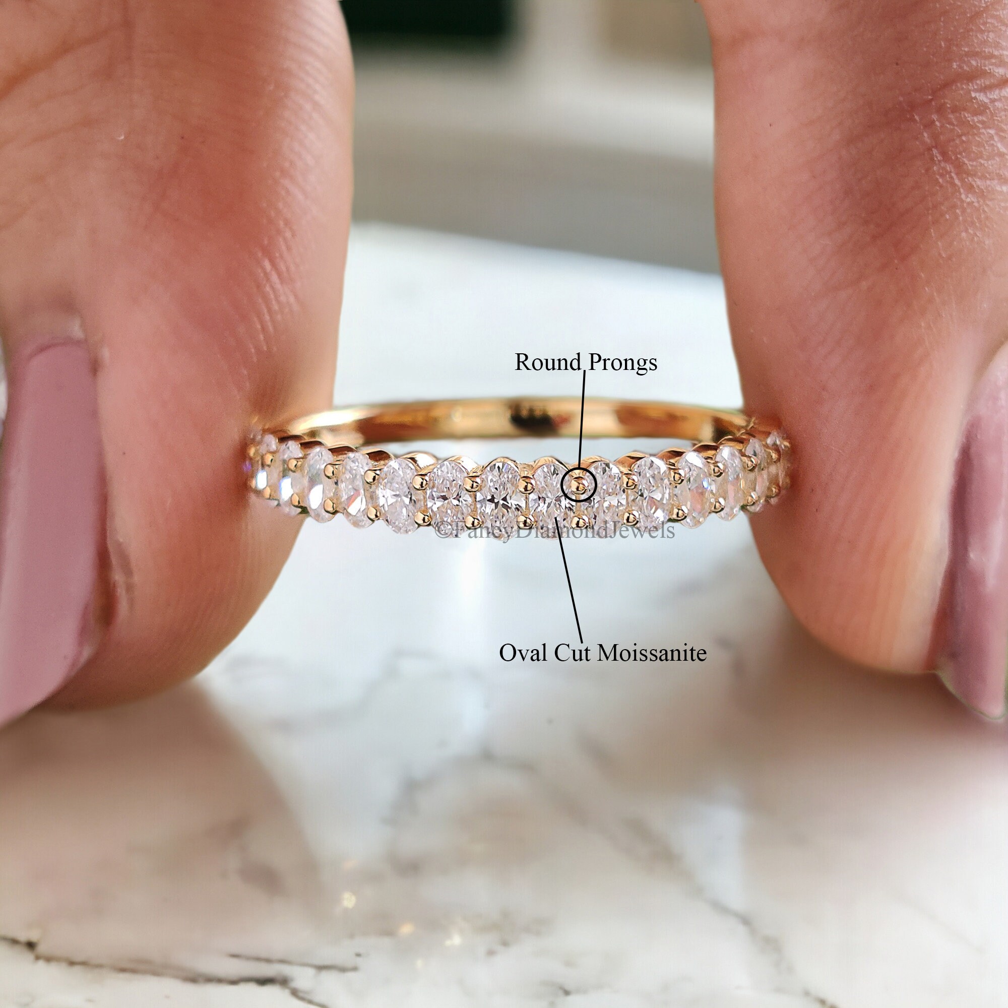 Oval Cut Moissanite Wedding Band Women Yellow Gold Unique Half Eternity ...