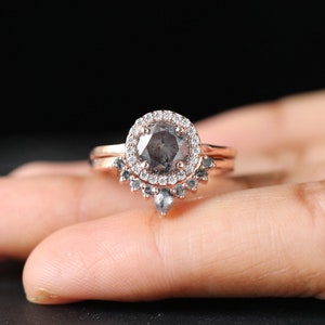 Round salt and pepper Diamond Ring, Salt and pepper Round Diamond Engagement Ring, Round Diamond Ring, Round Ring, Bridal Ring Set KDL9282 image 8