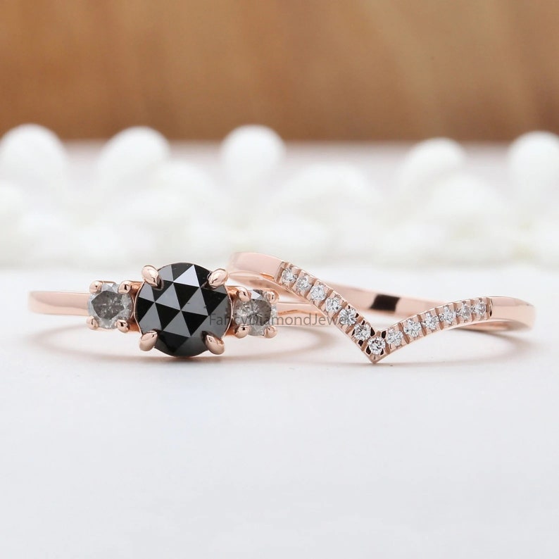 Runder schwarzer Diamant-Ring, schwarzer Diamant-Verlobungsring, runder Diamant-Ring, runder Rosenschliff-Ring, rundes Brautring-Set, KD686 Bild 4