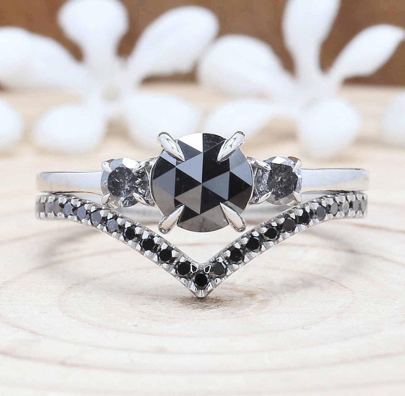 Natural Black Diamond Engagement Ring Round Black Diamond Etsy