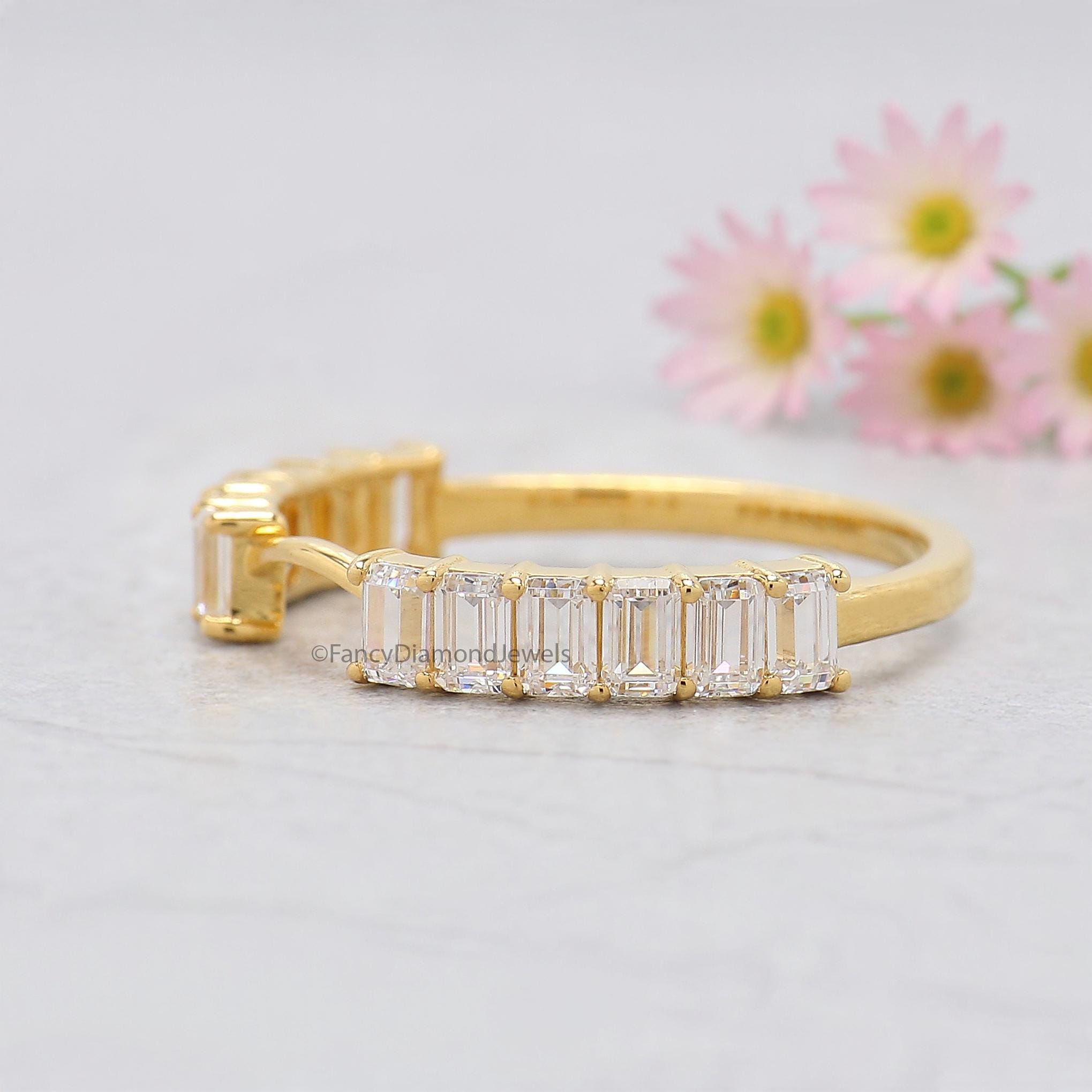 Emerald Cut Wedding Band Yellow Gold Unique Half Eternity Anniversary ...