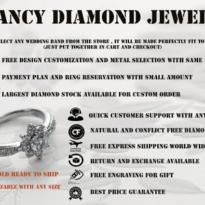 May include: A silver diamond ring with a floral design, set against a white background. The text "FANCY DIAMOND JEWELS" is at the top. Additional text highlights services like free design customization and engraving.