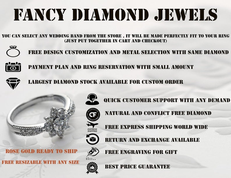 May include: A silver diamond ring with a floral design, set against a white background. The text "FANCY DIAMOND JEWELS" is at the top. Additional text highlights services like free design customization and engraving.