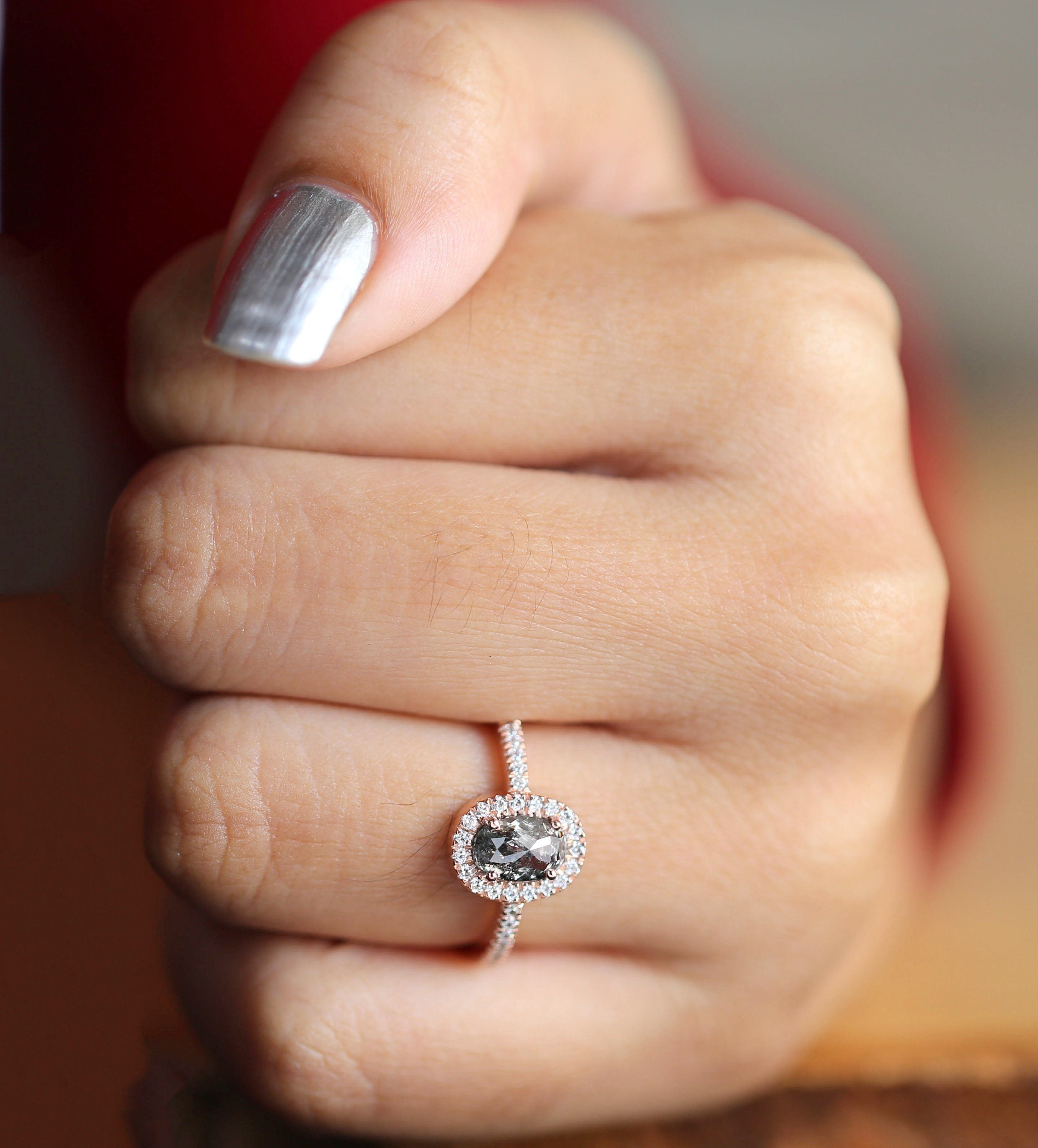 0.97 CT Salt And Pepper Ring Oval Diamond Ring Engagement Etsy