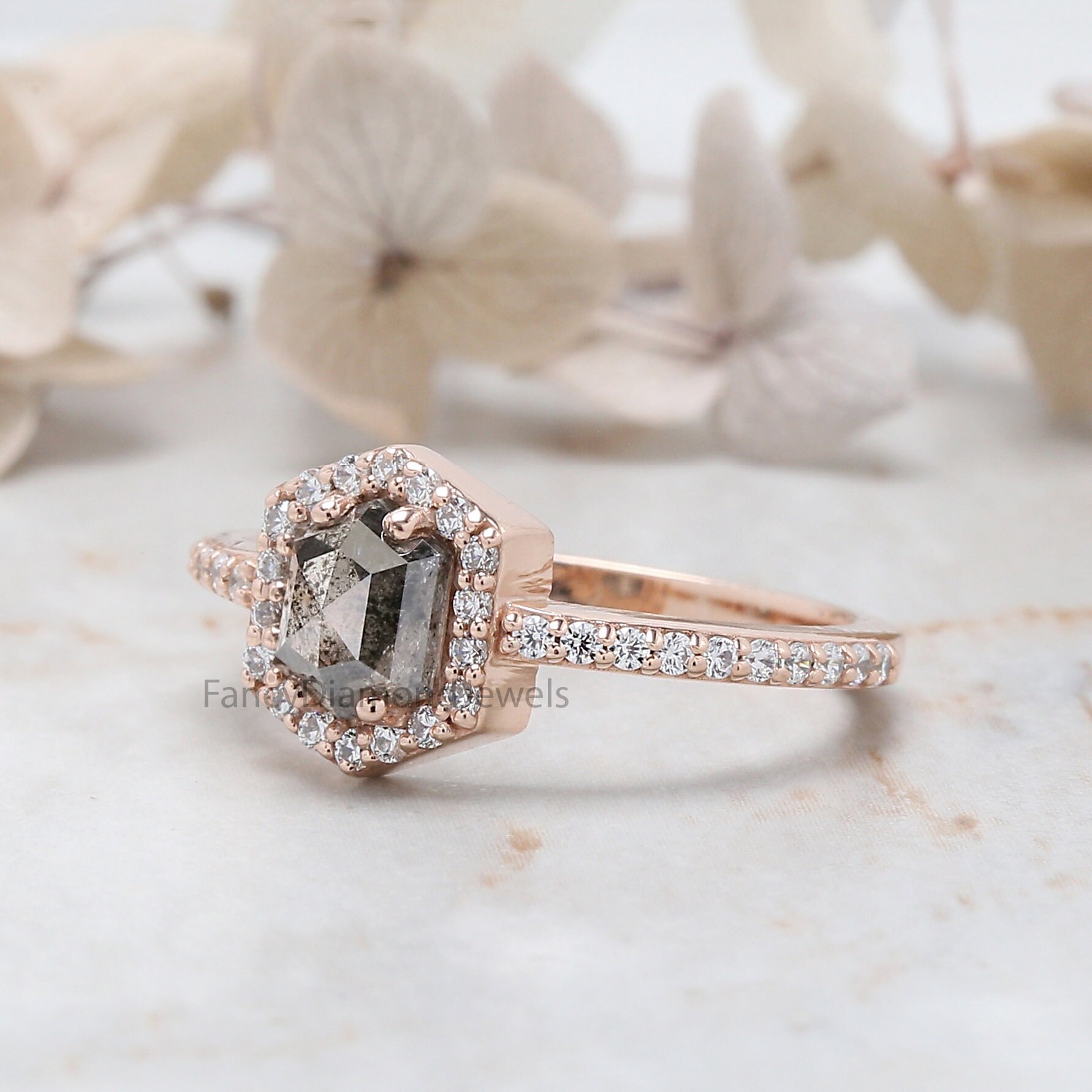 Hexagon Salt and Pepper Diamond Ring Salt and Pepper Hexagon Cut