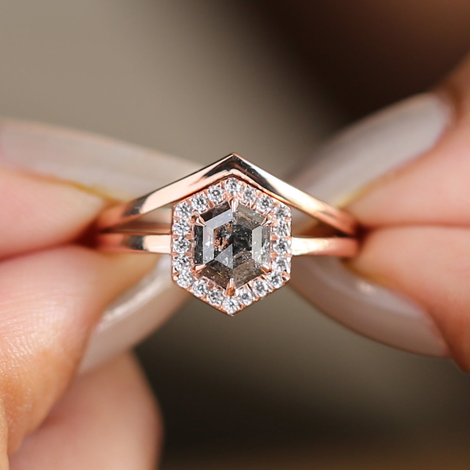 0.88 CT Salt And Pepper Ring Hexagon Diamond Ring Engagement Etsy