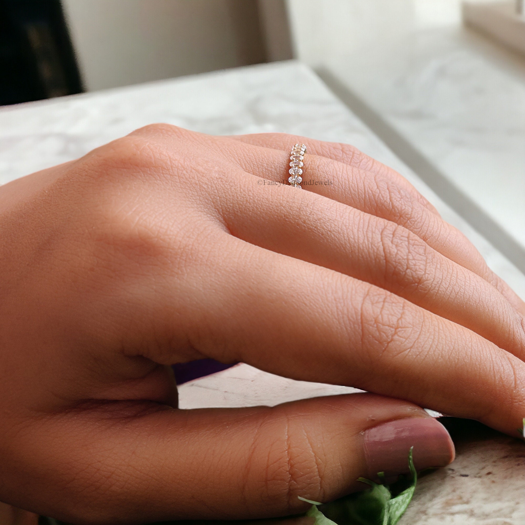 Oval Cut Moissanite Wedding Band Women Yellow Gold Unique Half Eternity ...