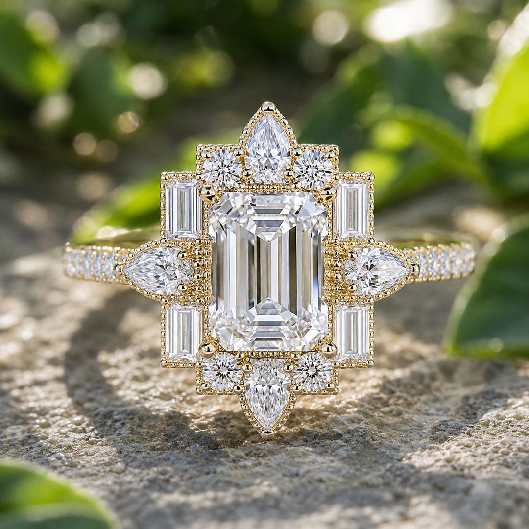 no.0485 エメラルドのリースとMottled ring Art Deco Engagement Ring 1CT Emerald Cut Moissanite Vintage