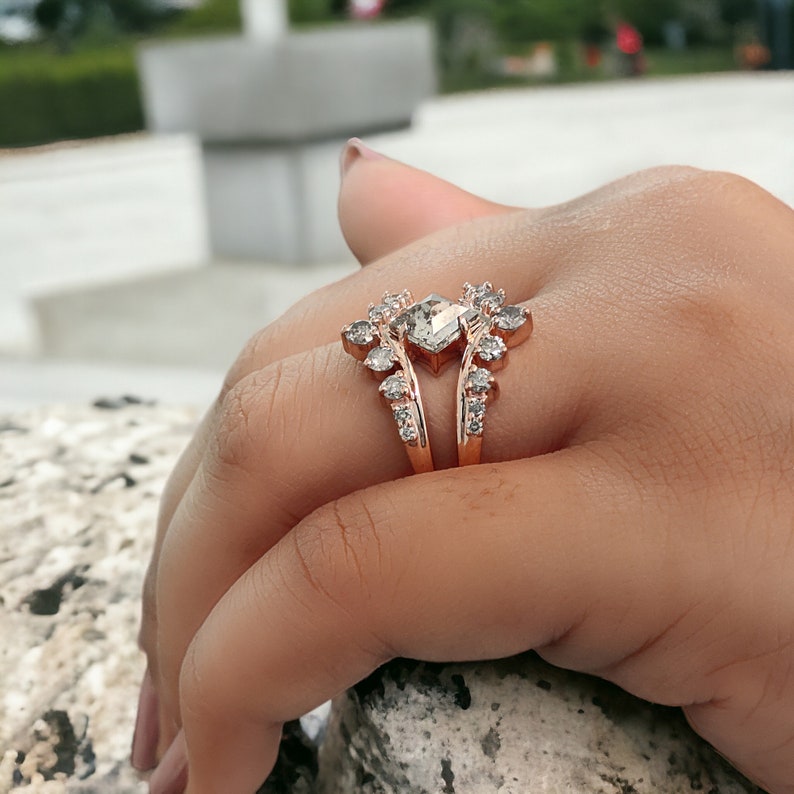 1.34 Ct Natural Kite Shape Salt And Pepper Diamond Ring 8.60 MM Kite Cut Diamond Ring 14K Solid Rose Gold Silver Engagement Ring QN195 image 6