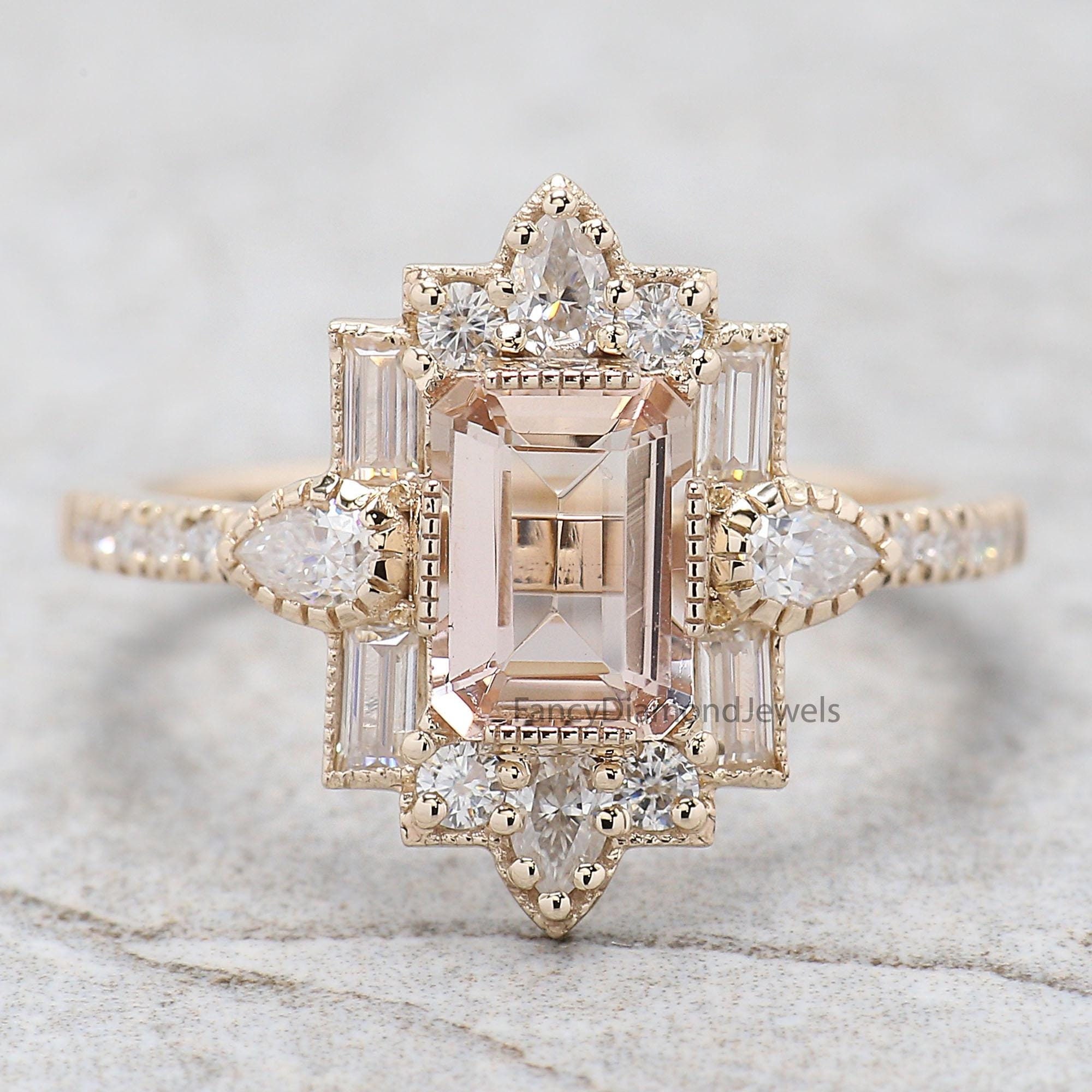 0.85 CT Emerald Cut Vintage Morganite Engagement Ring Baguette wedding ring Unique art deco ring Pear halo ring Starburst ring For Her FD294