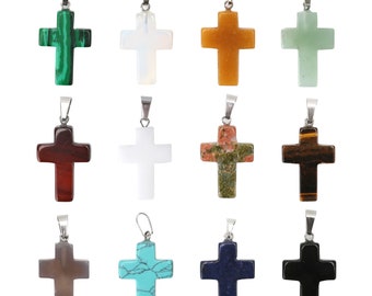 12pcs Assorted Cross Shape Healing Chakra Beads Crystal Rock Stone Quartz Pendants for Men Women