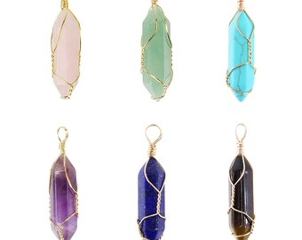 Wholesale 6 PCS Natural Stone Crystal Pendant Gold Wire Wrapped Hexagonal Pile Necklace Healing Crystal Quartz Charm Bulk for Jewelry Making