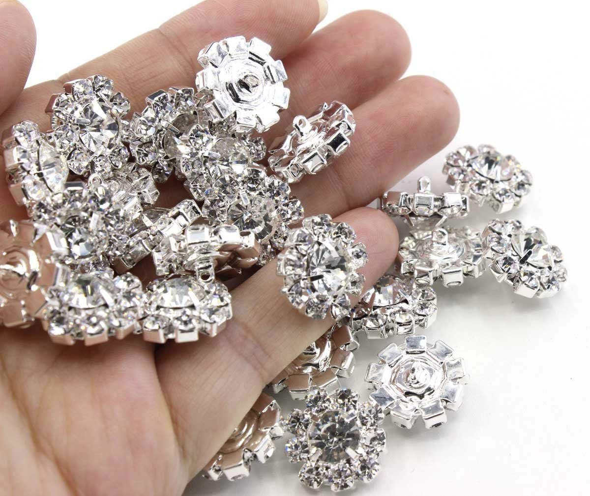 24PCS Clear Rhinestone Buttons Silver Metal Crystal Glass Buttons ...