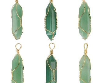 6PCS Hexagonal Natural Quartz Stone Green Aventurine Pendant Healing Crystal Full Wire Wrapped Gemstone for Women