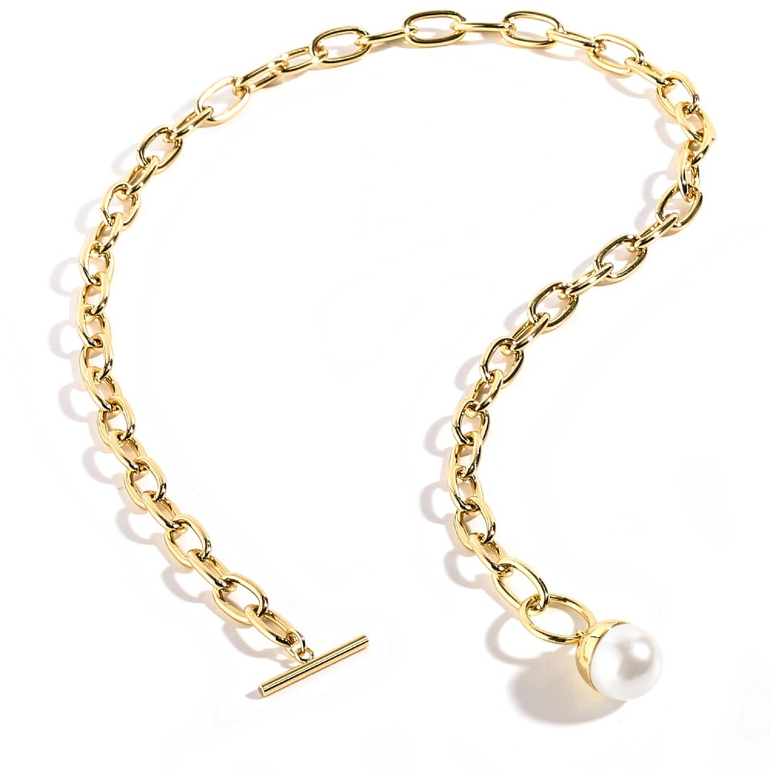 14K Gold Plated Brass Necklace Gold Chain Choker Pearl Pendant Necklace