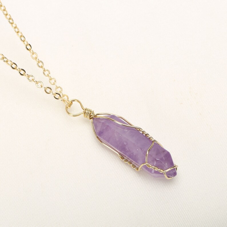 Natural Amethyst Crystal Pendant Full Wire Wrap Gemstone Healing Quartz Stone Pendant Necklace for Women 