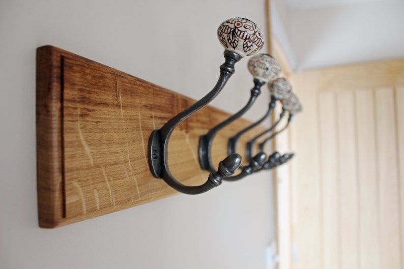 Oak Coat Hooks/Coat Rack with Antique Iron & Porcelain/Ceramic Etsy