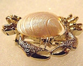 Seashell Jewelry - Gold Tone Crab Brooch with Shell Body and Crystal Rhinestones - Unsigned Small Crab Pin Beach Wedding Accessory