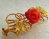 Carved Coral Brooch - Art Nouveau Floral 10K Yellow Gold Pin with a 7mm Carved Coral Rose - Turn of the Century Gold Brooch