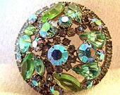 Signed Weiss Brooch - 1960's Blue Green Round Dome 2" Pin - Vintage Weiss Rhinestone Jewelry - Mid Century Costume Jewelry