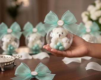 Ourson Cadeau Invité – Boule Transparente avec Dragées Personnalisées – Souvenir Mariage, Baptême, Baby Shower