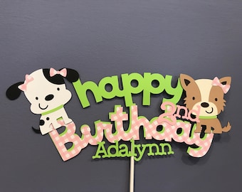 Happy Birthday Girl Puppy Cake Topper with name and age