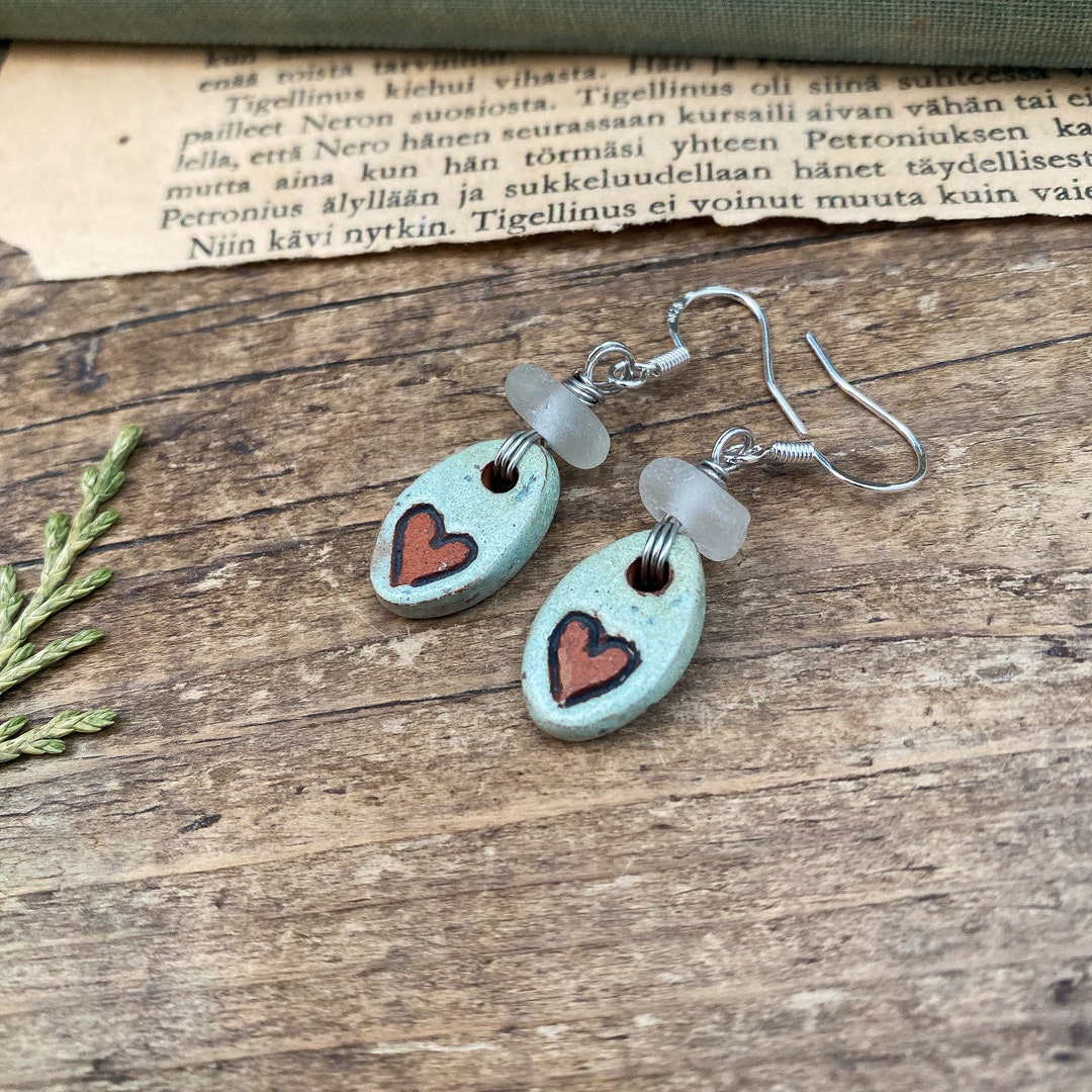 Primitive Seaglass and Ceramic Earrings Heart Print Ceramic Etsy UK