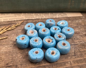 15 Ceramic beads, Blue Ceramic bead set, Primitive beads