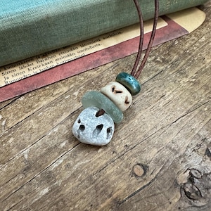 Ceramic Talisman necklace, Sea Glass cairn Necklace, ceramic talisman pendant
