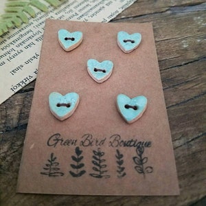 Mint green Ceramic Heart Buttons, set of 5 green stoneware buttons