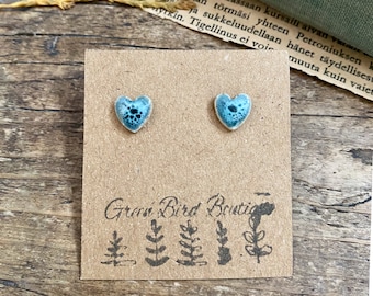 Ceramic Heart Earrings, Silver Stud Earrings, Blue Pottery earrings