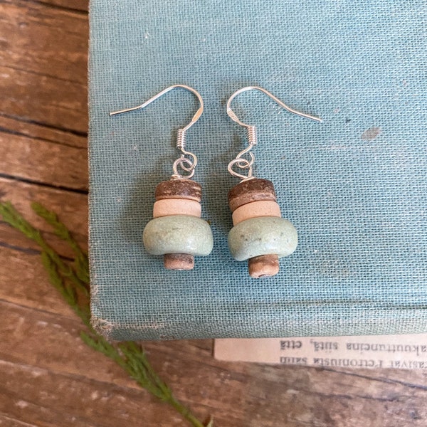 Rustic Ceramic earrings. Silver seaglass earrings. Ceramic earrings