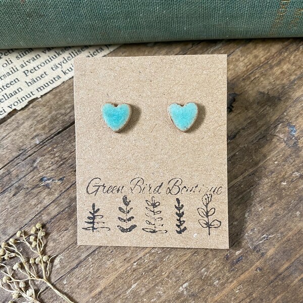 Ceramic Heart Earrings, Silver Stud Earrings, Green Pottery earrings