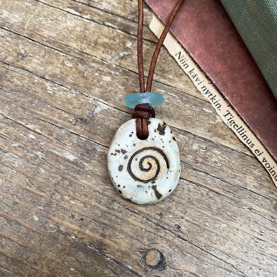 Celtic Spiral necklace, ceramic talisman pendant, leather