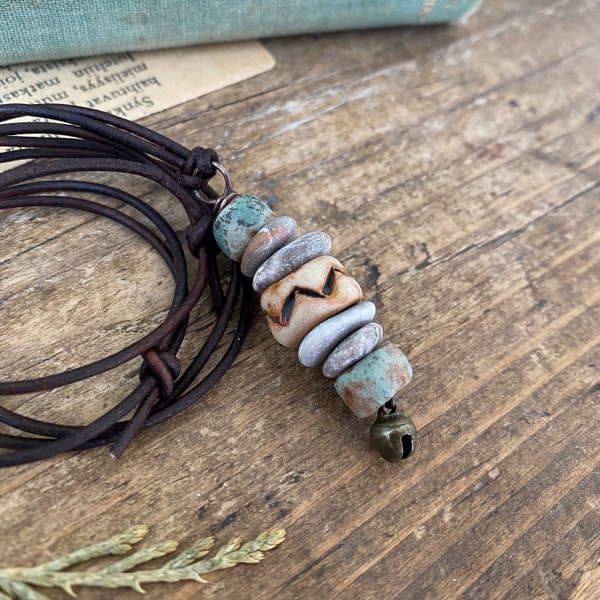 Primitive Stone, Copper and Ceramic necklace. Rustic Statement Leather Charm Necklace.