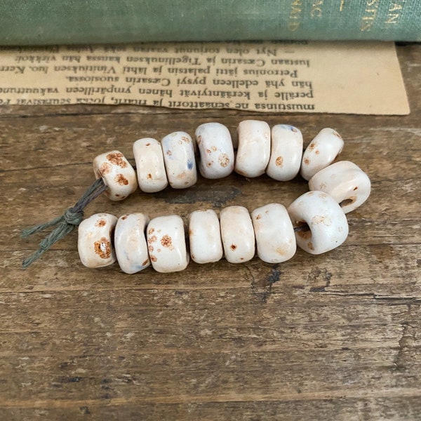 15 Ceramic beads, rustic white Ceramic bead set, Primitive beads