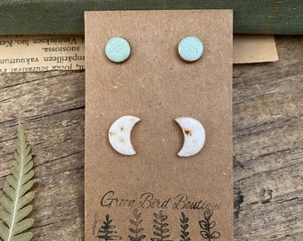 Asymmetric Earring set, Silver Stud Earrings, Odd Ceramic earrings